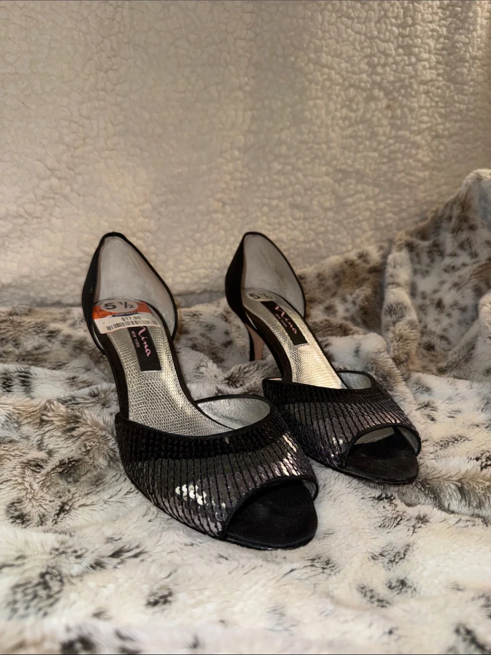 Black Sequin Peep-Toe Heels by Aura